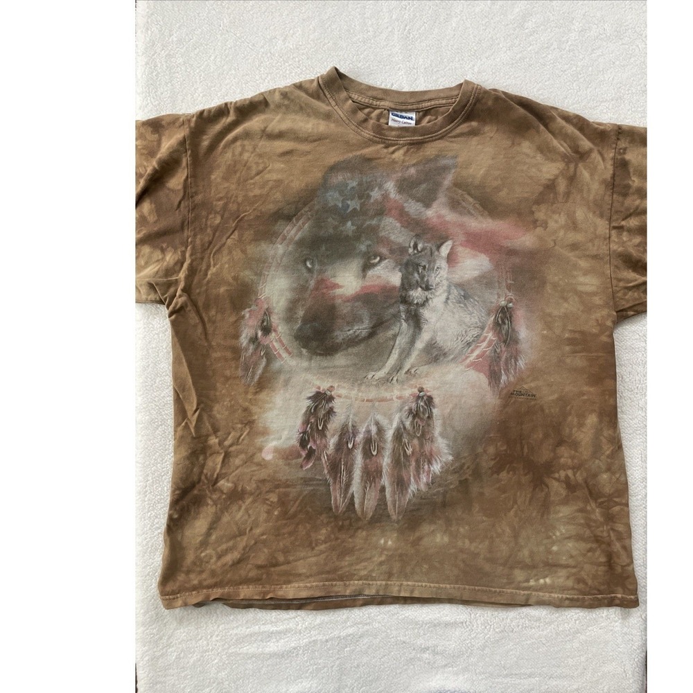 Gildan Mens XL T-Shirt Brown Tie Dye Wolf American Flag Dreamcatcher Graphic Tee